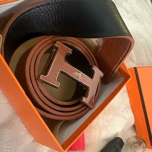 Hermes Tan Leather Belt with Gold Buckle